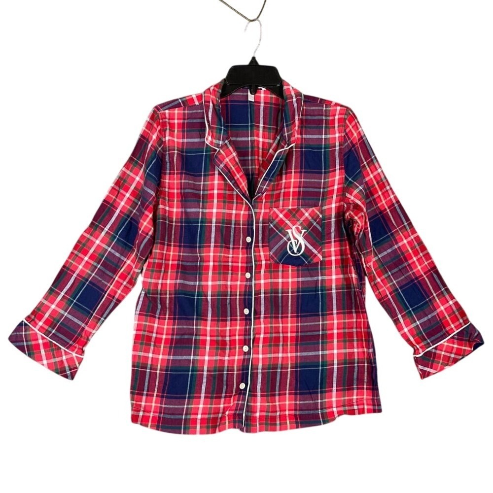 Victorias Secret Plaid Button Up Pajama Top Womens‎ Medium Red Pjs Lounge